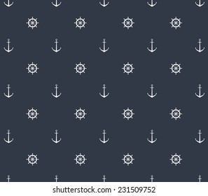 Vector retro, vintage nautical / marine pattern background with anchors and ship wheels for pattern fills, wallpapers and surface textures 