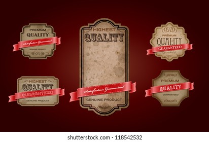 Vector retro vintage old labels collection with texture and stains, decorated with red satin ribbons. "Premium Quality Guaranteed"