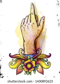 Vector retro Vintage pointing hand drawing. Hand drawn lne art