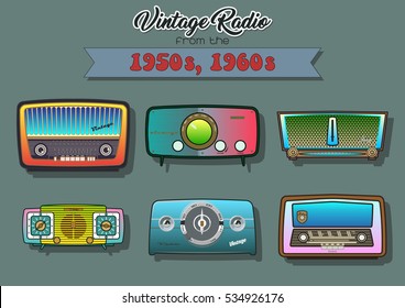 Vector Retro Vintage Radio Transistor Turntable Tuner Set Acid Colors Collection