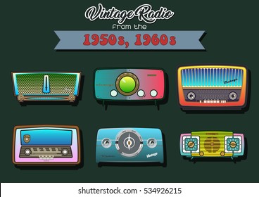 Vector Retro Vintage Radio Transistor Turntable Tuner Set Acid Colors Collection