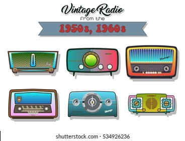 Vector Retro Vintage Radio Transistor Turntable Tuner Set Acid Colors Collection