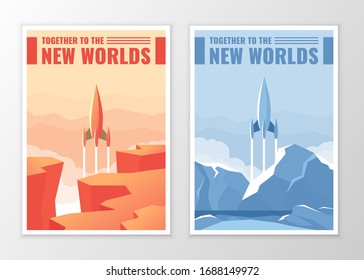 Afiches espaciales vintage retro vectores. Ilustración de un lanzamiento de cohetes desde el planeta.