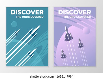 Vector retro vintage space posters. Illustration of a flying rocket on a space background.