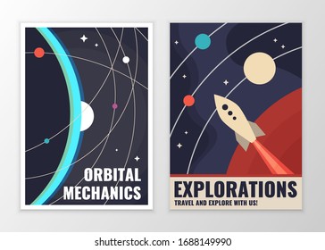 Vector retro vintage space posters. Illustrations of a traveling rocket in orbit.