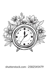 Vector retro vintage style clock, floral arrangement, rose, peony, leaves, black and white illustration, isolated, print, sketch