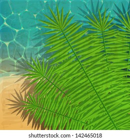 Vector retro, vintage summer background illustration with ocean, beach and palm leaves