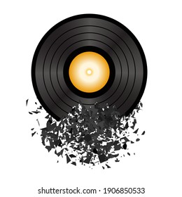 Vector Retro Vinyl Disc Isolated on White Background. Damaged Musical Symbol. Plastic Explode with a lot of Parts. Explosion with Particles.