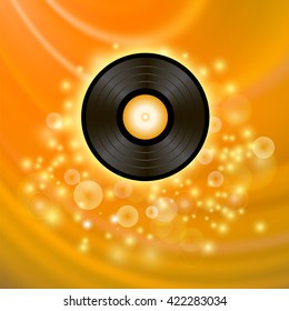 Vector Retro Vinyl Disc on Orange Blurred Sun Background. Sunlight Wave Pattern