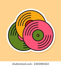 Vector Retro Vinyl Record sticker isolated on yellow background. 70s style cartoon audiorecords