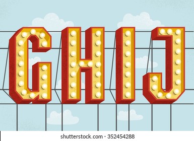 Vector retro volumetric signboard letters with light bulbs and texture. Old Vintage Style Marquee Letters G,H,I,J. Vector