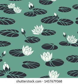 Vector Retro Water Lilies in Swan Pond seamless pattern background.