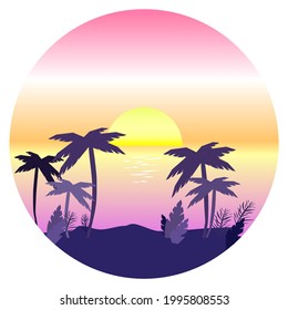 vector retro wave illustration, retrowave  sunset landscape, sea and sunset, round illustration