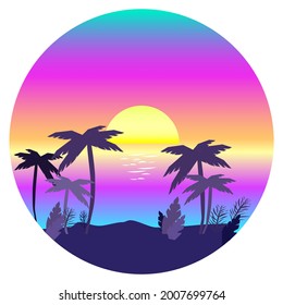vector retro wave illustration, retrowave  sunset landscape, sea and sunset