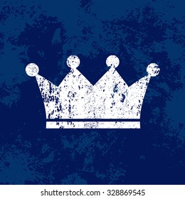 Vector retro weathered crown icon over old indigo grungy background