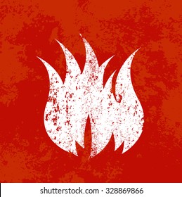 Vector retro weathered fire icon over old red grungy background