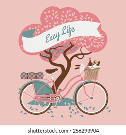 Vector retro web banner on easy life with tree and vintage bicycle with dress guard, wicker basket full of food like wine bottle, bread and apple and folded blanket on rear rack, pink background