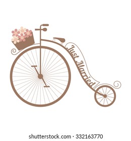 Vector retro wedding bicycle with curls and basket of pink flowers. Element for your wedding designs, wedding business projects, logo, and other your projects