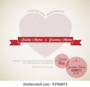 Vector Retro Wedding invitation with big red heart and ribbon
