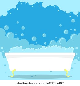 Vector Retro White Bathtub with Foam at Floor.