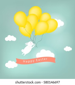 Vector retro white easter bunny rabbit flies holding yellow balloons, happy easter card for web, brochure, booklet, magazine, poster