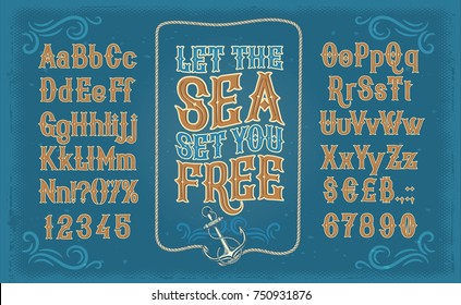 Vector retro white serif font, the Latin alphabet, numbers and symbols on blue background in frame from the ships anchor and rope. Vintage signboard for yacht club, advertising of sailing competitions