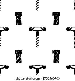 Vector Retro Wood Corkscrew Icon Seamless Pattern for Opening Wine Bottle Isolated on White Background.