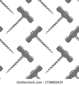 Vector Retro Wood Corkscrew Icon Seamless Pattern for Opening Wine Bottle Isolated on White Background.