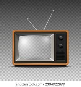 Vector Retro Wooden TV Receiver with Transparent Screen Closeup Isolated. Home Interior Design Concept. Wooden TV Frame, Border, Television, TV Set in Front View