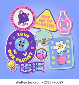 Vector retro world day sticker or label or badge set with flower tree earth and ecobag