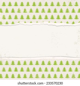 Vector retro worn background with torn paper and trees. Vintage Christmas and New Year pattern. Old worn appearance. Use for texture of banner, postcard, poster, invitation etc. Eps 10 vector file. 