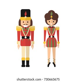 Vector retro Xmas decoration as Nutcracker and Ballerina princess in traditional Christmas colors - red and green - isolated on white in flat graphic modern style