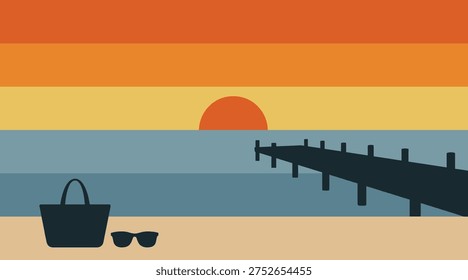 Vector retro-style illustration featuring a striped sunset ocean horizon with a silhouette wooden pier, beach bag, and sunglasses on the sand suitable for vintage summer holiday posters and travel backgrounds.