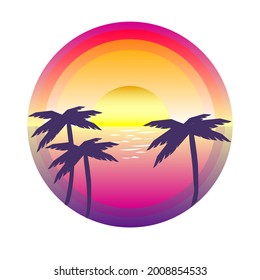 Vector retrowave landscape illustration with sunset, palm trees and sea, round shape illustration