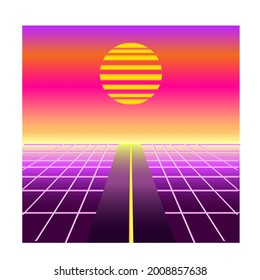 vector retrowave landscape with road and sun and grid in the sunset