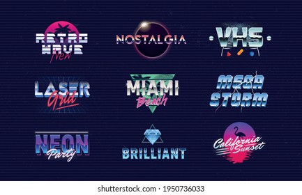 Vector Retrowave logo set. Retro 80s colorful logo templates. 9 prints for t-shirt, tee. Retro typography. Trendy hipster design. Chrome labels, emblems. Synthwave, Cyberpunk, Vaporwave, Outrun.