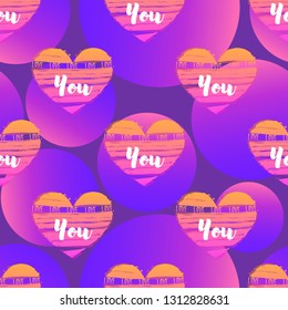 Vector retrowave seamless pattern with hand drawn colorful hearts with text Love You on the iridescent violet background with circles.
