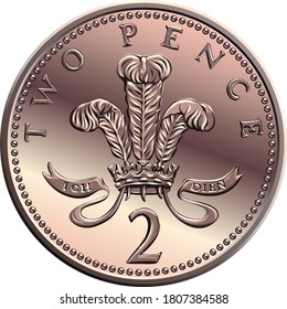 Vektor-Umkehrung der britischen Goldmünze Zwei Pence oder 2 Pence mit Badge of Prince of Wales, Tracht von Straußenfedern innerhalb eines Koronets