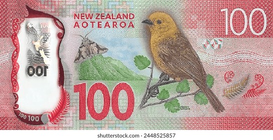 Vector reverse of high poly pixel mosaic 100 dollars New Zealand banknote. Flyer or game money. NZD