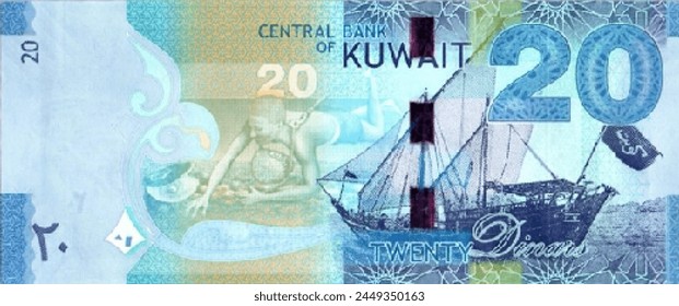 Vector reverse of high poly pixel mosaic 20 dinars Kuwait banknote. Flyer or game money.