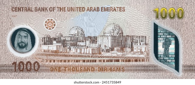 Vector reverse high poly pixel mosaic banknote of United Arab Emirates. Denominations of bill 1000 dirhams 2022. Game money of flyer. Part 2