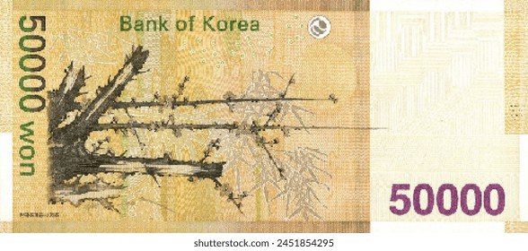 Südkoreanische Banknote aus Mosaikmosaik mit hoher Polypixel-Vektorgrafik. Stückelungen von 50000 koreanischen Won. Spiel Geld von Flyer. Teil 2