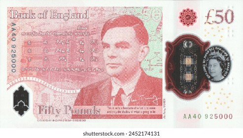 Vector reverse high poly pixel mosaic polymer banknote of Great Britain or England. Denominations of bill 50 pounds 2020. Game money of flyer. Part 2