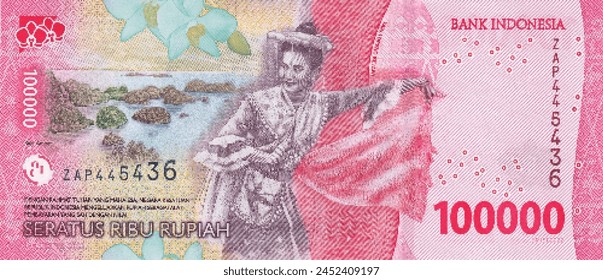 Vector reverse high poly pixel mosaic banknote of Indonesia. Denominations of bill 100000 rupiah 2022. Game money of flyer. Part 2