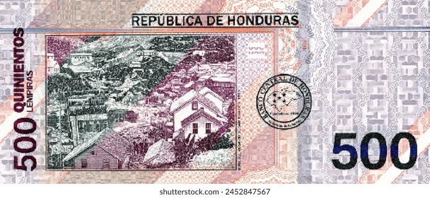Vector reverse high poly pixel mosaic banknote of Honduras. Denominations of bill 500 lempiras 2022. Game money of flyer. Part 2