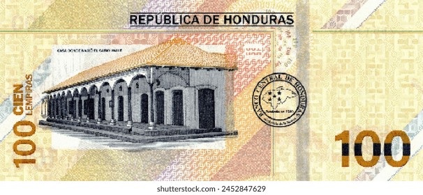 Vector reverse high poly pixel mosaic banknote of Honduras. Denominations of bill 100 lempiras 2022. Game money of flyer. Part 2