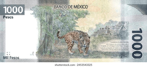 Vector reverse high polygonal pixel mosaic banknote of Mexico. Denominations of bill 1000 pesos. Game money of flyer. Part 2