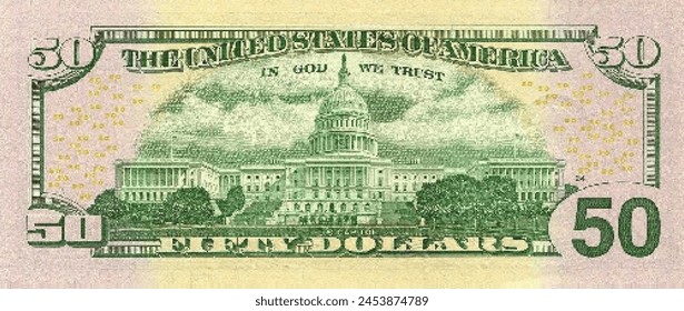 Vector reverse high polygonal pixel mosaic banknote of USA. Denominations of bill 50 dollars. Game american money of flyer. Part 2