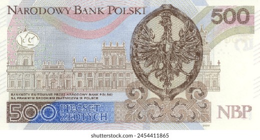 Vector reverse high polygonal pixel mosaic banknote of Poland. Denominations of bill 500 polish zloty. Game money of flyer. Part 2