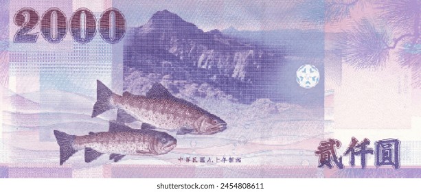 Vector reverse high polygonal pixel mosaic banknote of Taiwan. Denominations of bill 2000 dollars. Game money of flyer. Part 2